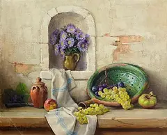 Robert Chailloux French, Fruit, Earthenware and Flowers in a Recess, oil on canvas