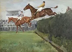 Charles Walter Simpson, Double Chance and Old Tay Bridge at Valentines Brook, Aintree Grand National, 1925, oil on board