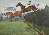 Charles Walter Simpson, Double Chance and Old Tay Bridge at Valentines Brook, Aintree Grand National, 1925, oil on board