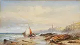 Edwin Hayes, Low Tide with Figures Resting on the Beach, watercolour on paper