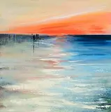 Paula McKinney, Sunset Stroll by the Water's Edge, oil on board