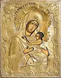 19th Century Russian Icon, The Virgin, tempera on panel with metal oklad