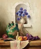 Robert Chailloux French, Blue Globe Thistles, Fruit and Wine Flagon, oil on canvas
