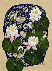 Waterlilies and Three Trout by Poppy Melia, 1991, gouache on handmade paper, offered Sep 2024