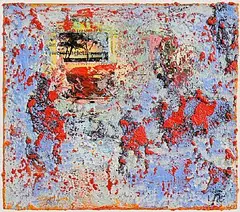 Red Dancers by John Kingerlee, 2023, oil and collage on board, sold Sep 2024