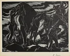 Elizabeth Rivers, Seaweed Harvest, Aran Islands, woodcut