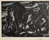Elizabeth Rivers, Seaweed Harvest, Aran Islands, woodcut