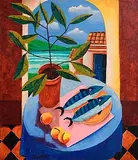Graham Knuttel, Still Life with Mackerel, oil on canvas
