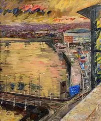 Basil Blackshaw, Laganside at Dusk, 1996, oil on canvas
