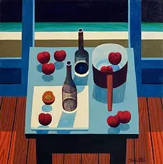 Blue Mood Still Life with Bottle and Peaches by Graham Knuttel, oil on canvas, sold Apr 2026
