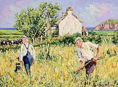 James S. Brohan, Working in the Field, oil on canvas board