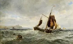 Edwin Hayes, Dutch Boats Running Free off Tantallon Castle, 1876, oil on canvas