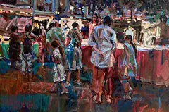 The Night Market, Le Vigan, Gard, France by Arthur K. Maderson, mixed media on board, sold Oct 2025