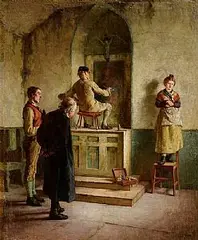 Howard Helmick American, Modelling for the Madonna: The Village Altarpiece, oil on canvas laid on board