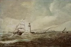 William Sadler II, Shipping Off Poolbeg Lighthouse, Dublin, oil on panel