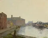 Thomas Ryan, The Royal Canal, St. James Harbour (at Longs Place), Dublin, 1960, oil on board
