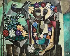 Basil Rakoczi, Cubist Composition with Figure and Flowers: La Victime, 1957, oil on canvas