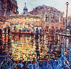 Dusk, La Place de la Comedie, Montpellier, France by Arthur K. Maderson, oil on board, sold Apr 2025