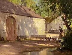Frank McKelvey, Feeding the Hens, oil on canvas