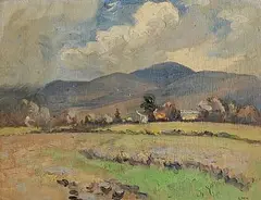 Glimpse of Houses and Trees on a Windy Day by Letitia Marion Hamilton, oil on panel, sold Apr 2025
