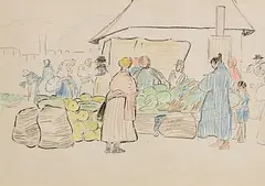 Czechoslovakian Fruit and Vegetable Market by Mary Swanzy, crayon on paper, sold Apr 2025