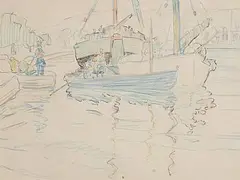 Boats and Figure Loading From Quay by Mary Swanzy, crayon on paper, sold Apr 2025