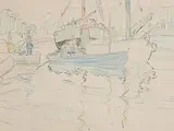 Mary Swanzy, Boats and Figure Loading From Quay, crayon on paper