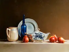 Mark O'Neill, Still Life - Red Pears and Blue, 2002, oil on board