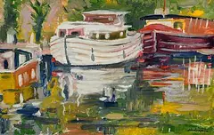 Maurice MacGonigal, Houseboats on the Canal, oil on board