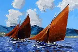 Ivan Sutton, Galway Hookers, Roundstone Bay. Co. Galway, oil on board