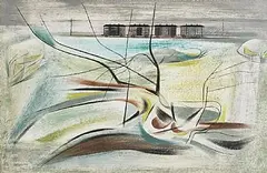 Kenneth Mahood, The Land by The Railway Line, oil on board
