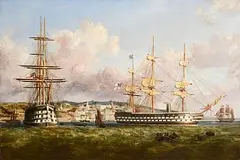 George Mounsey Wheatley Atkinson, HMS Conqueror and HMS Duke of Wellington in Cork Harbour, 1858, oil on canvas