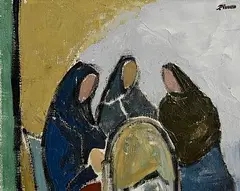 Elizabeth Rivers, Three Keeners, Inis Mor, Aran, oil on canvas laid on board