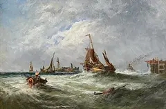 Edwin Hayes, Ships in Squall Off Pier, oil on board