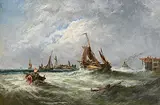 Edwin Hayes, Ships in Squall Off Pier, oil on board