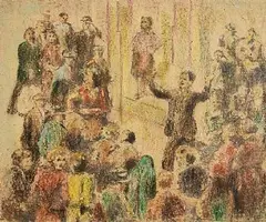 William Conor, Queue for the Pictures(second image verso 'At the Fairground'), wax crayon on paper