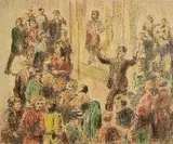 William Conor, Queue for the Pictures(second image verso 'At the Fairground'), wax crayon on paper
