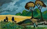 Figures by a Meadow by Markey Robinson, gouache on board, sold Oct 2024