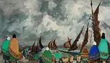 Bringing in the Catch by Markey Robinson, gouache on board, sold Oct 2024