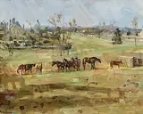 James Le Jeune, Horses in Pasture, oil on canvas board