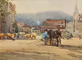 Continental Market Square by Mildred Anne Butler, watercolour on paper - second image verso, sold Oct 2024