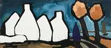 Cottages and Shawlie by the Shore by Markey Robinson, gouache on board, sold Oct 2024