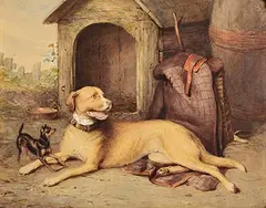 Robert Richard Scanlan, Mastiff and Miniature Pinscher Before a Kennel, watercolour on paper heightened with white