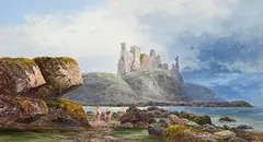 James Brennan, Animated Coastal View, Cliffside Ruins Beyond, oil on canvas board