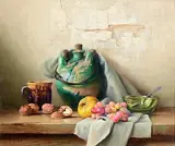 Robert Chailloux French, Fruit, Nuts, Wine Flagon, Mug, Bowl and Spoon, oil on canvas