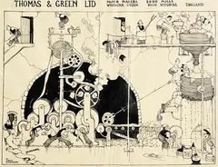 William Heath Robinson, Paper Making at Thomas and Green, ink on tracing paper