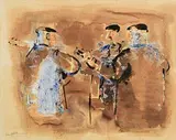 George Campbell, Street Musicians, Andalucia, mixed media on card