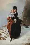 William Powell Frith, A Mother and Daughter in a Winter Landscape, a Stranded Coach in the Distance, pastel on paper