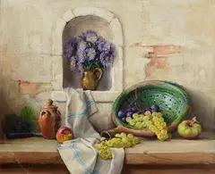 Robert Chailloux French, Fruit, Earthenware and Flowers in a Recess, oil on canvas