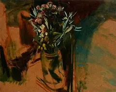 Michael Cullen, Sill Life with Jam Jar and Wild Flowers, oil on board